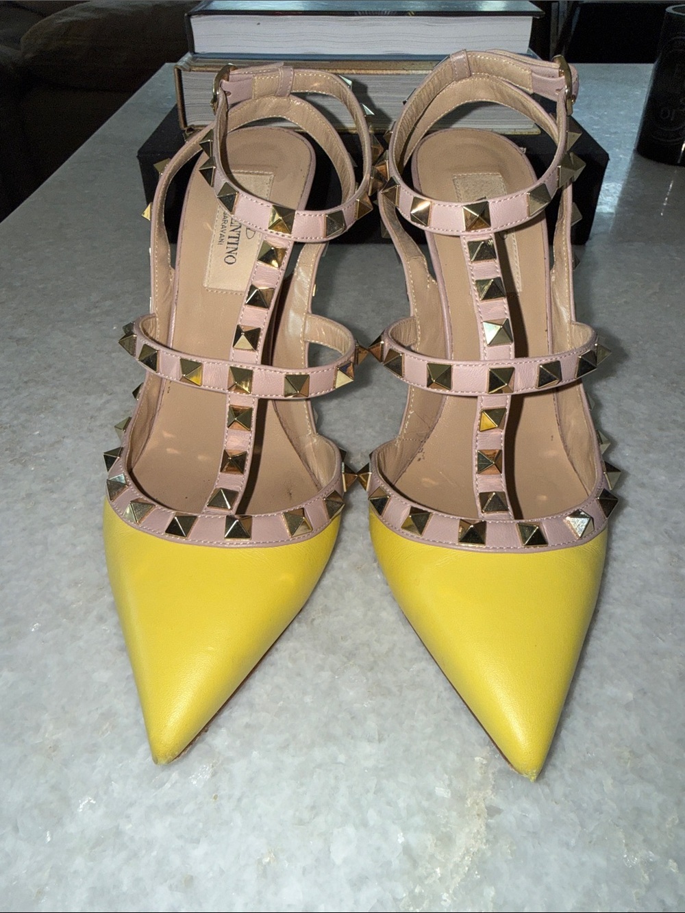 Valentino Yellow and Nude Rockstud T-Strap Pointed Pumps